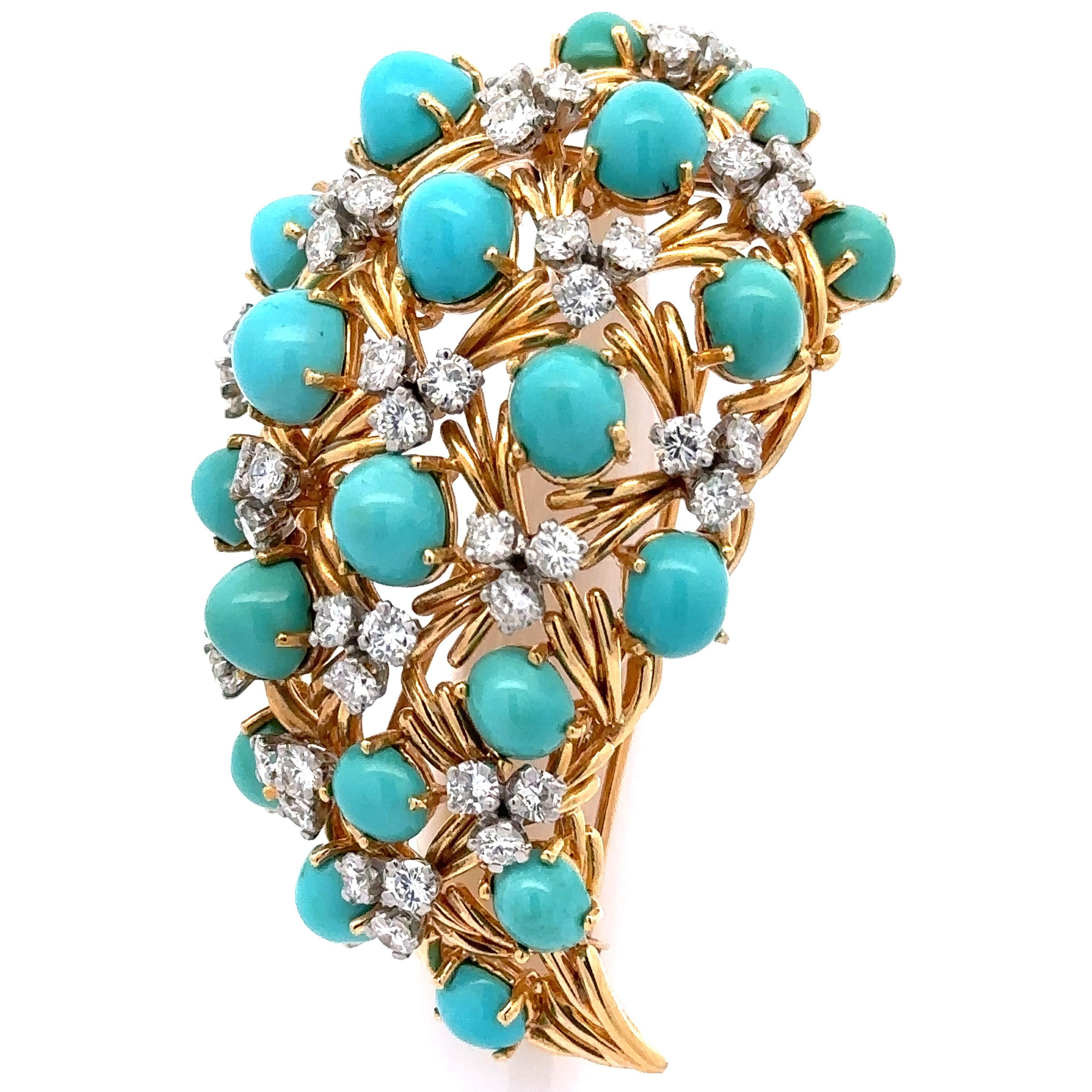 European Yellow Gold w/ Platinum Turquoise & Diamond Paisley Style Pin Brooch For Sale 7