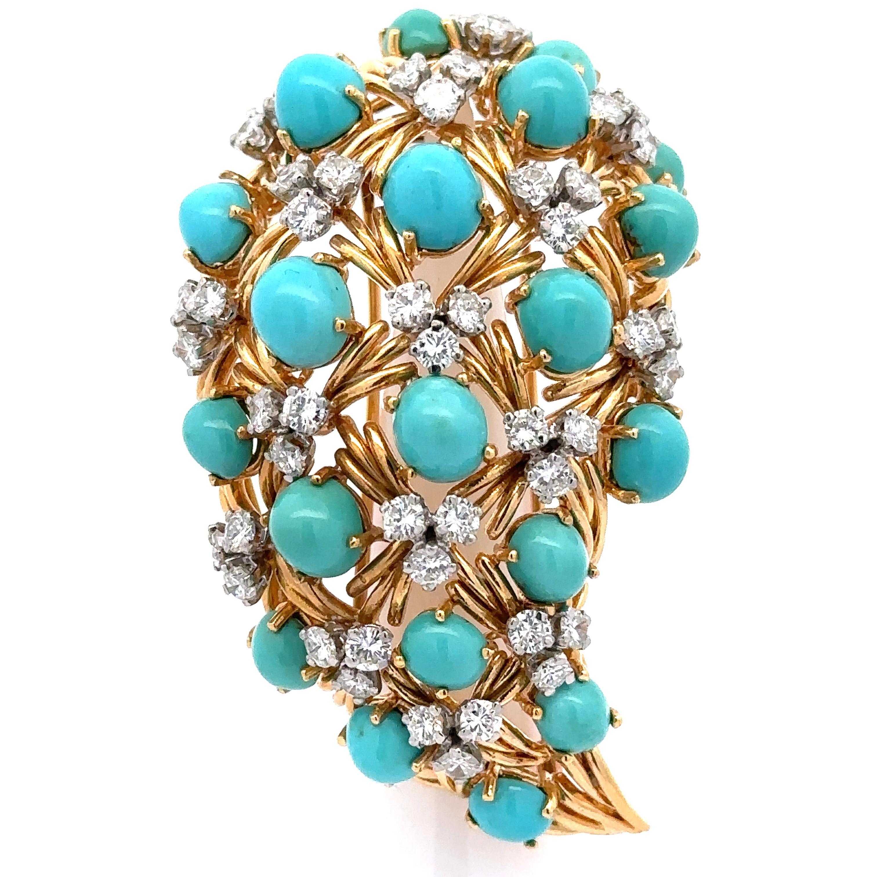 European Yellow Gold w/ Platinum Turquoise & Diamond Paisley Style Pin Brooch For Sale 8