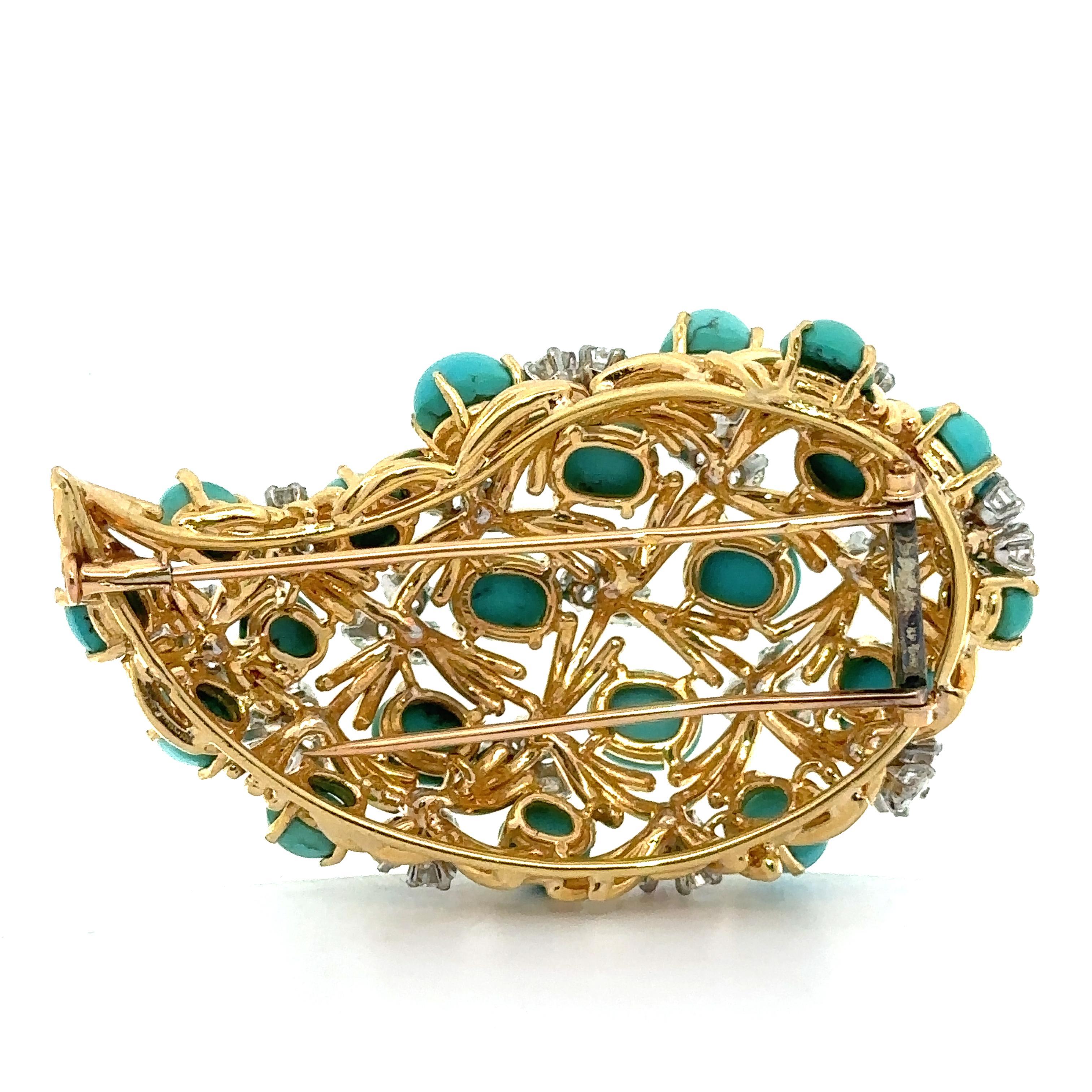 European Yellow Gold w/ Platinum Turquoise & Diamond Paisley Style Pin Brooch For Sale 10