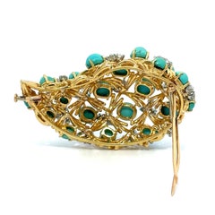 European Yellow Gold w/ Platinum Turquoise & Diamond Paisley Style Pin Brooch