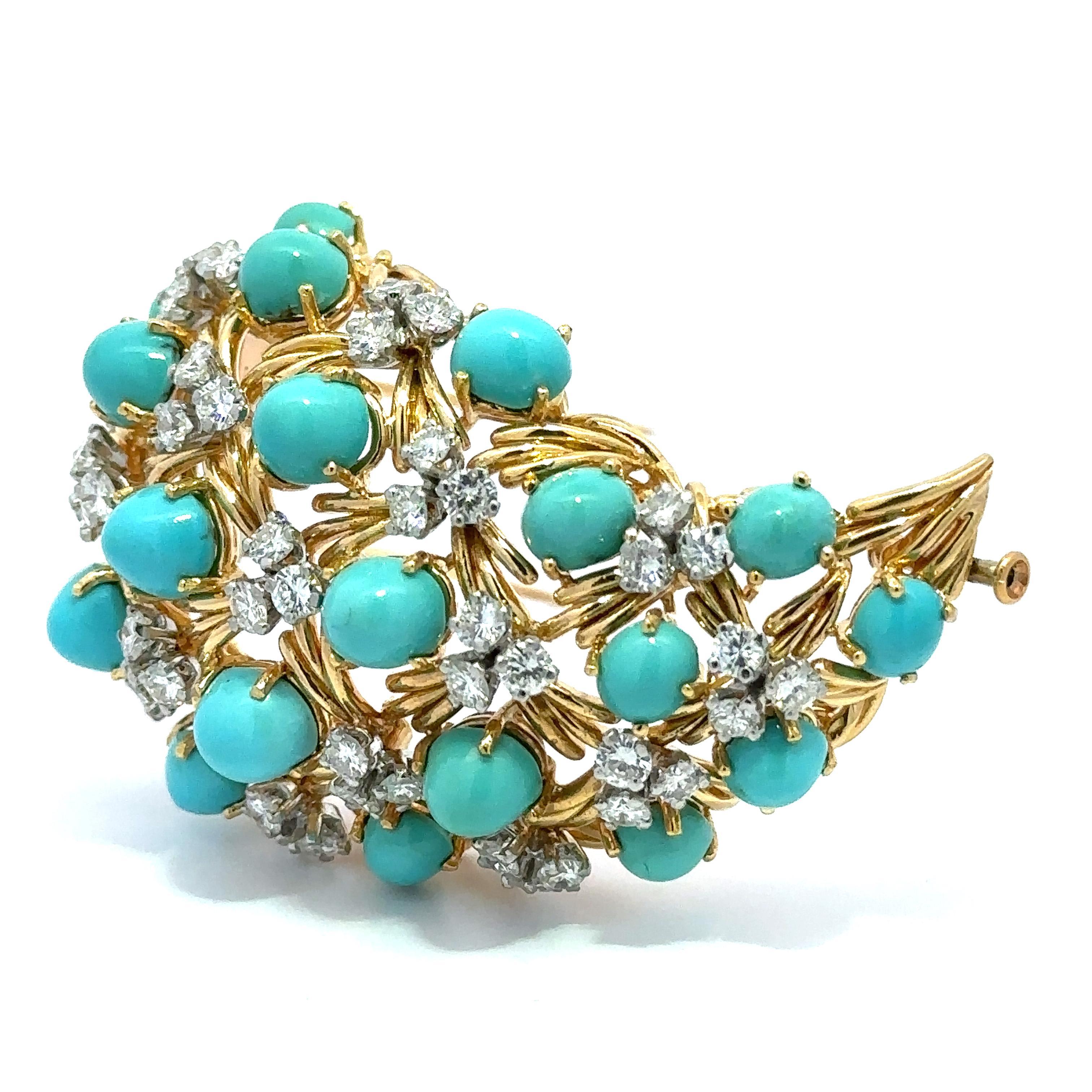 Cabochon European Yellow Gold w/ Platinum Turquoise & Diamond Paisley Style Pin Brooch For Sale