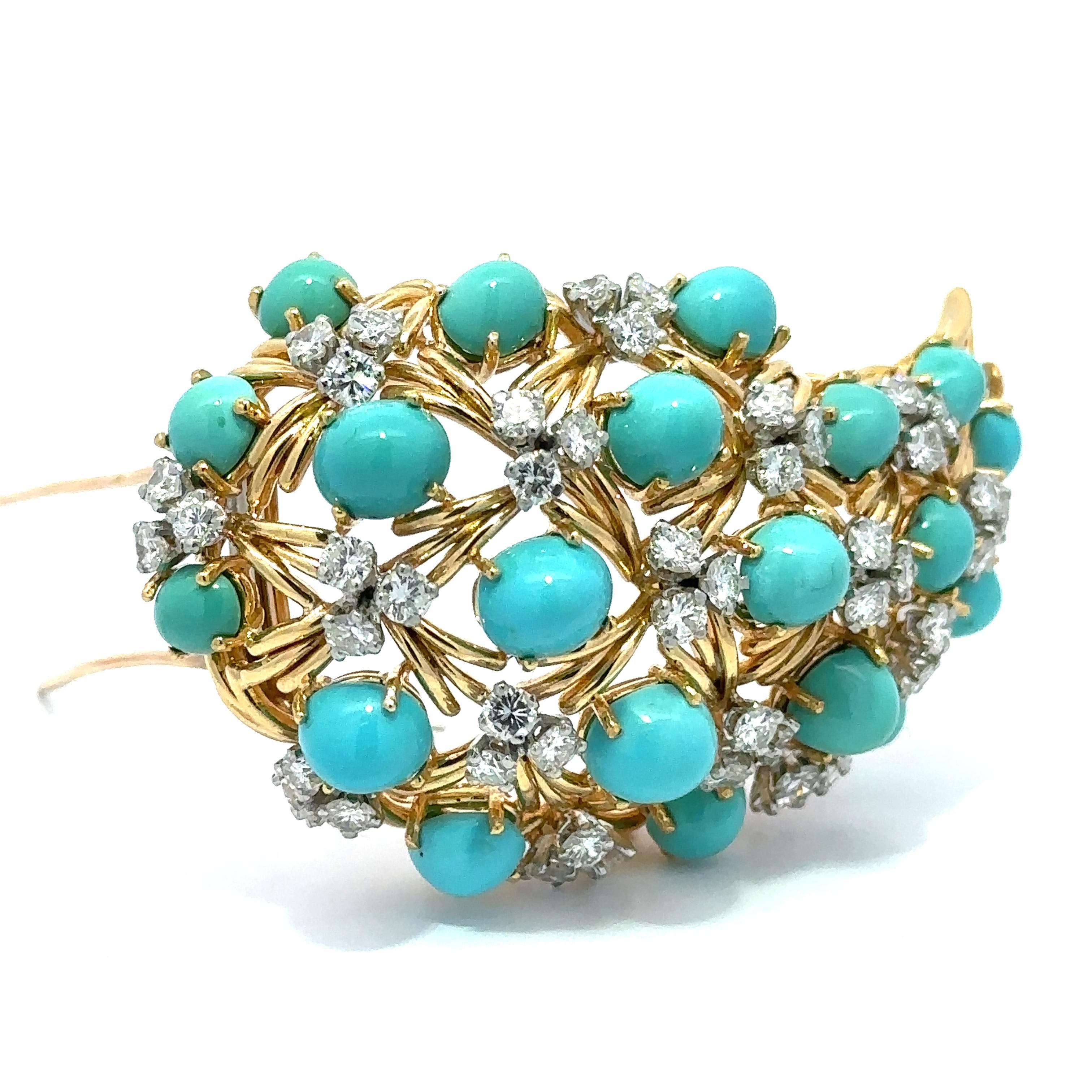 European Yellow Gold w/ Platinum Turquoise & Diamond Paisley Style Pin Brooch In Good Condition For Sale In Montclair, NJ