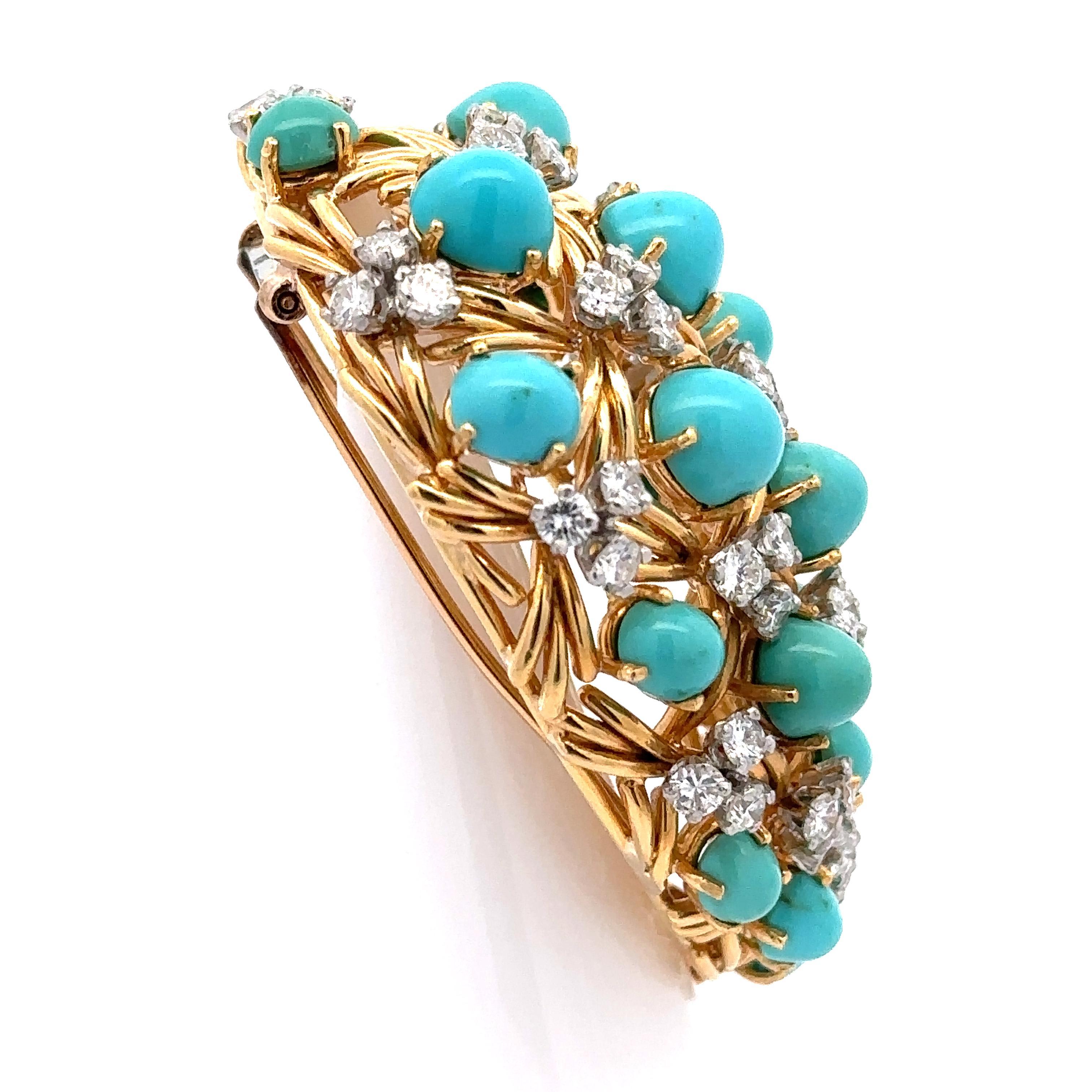 European Yellow Gold w/ Platinum Turquoise & Diamond Paisley Style Pin Brooch For Sale 1