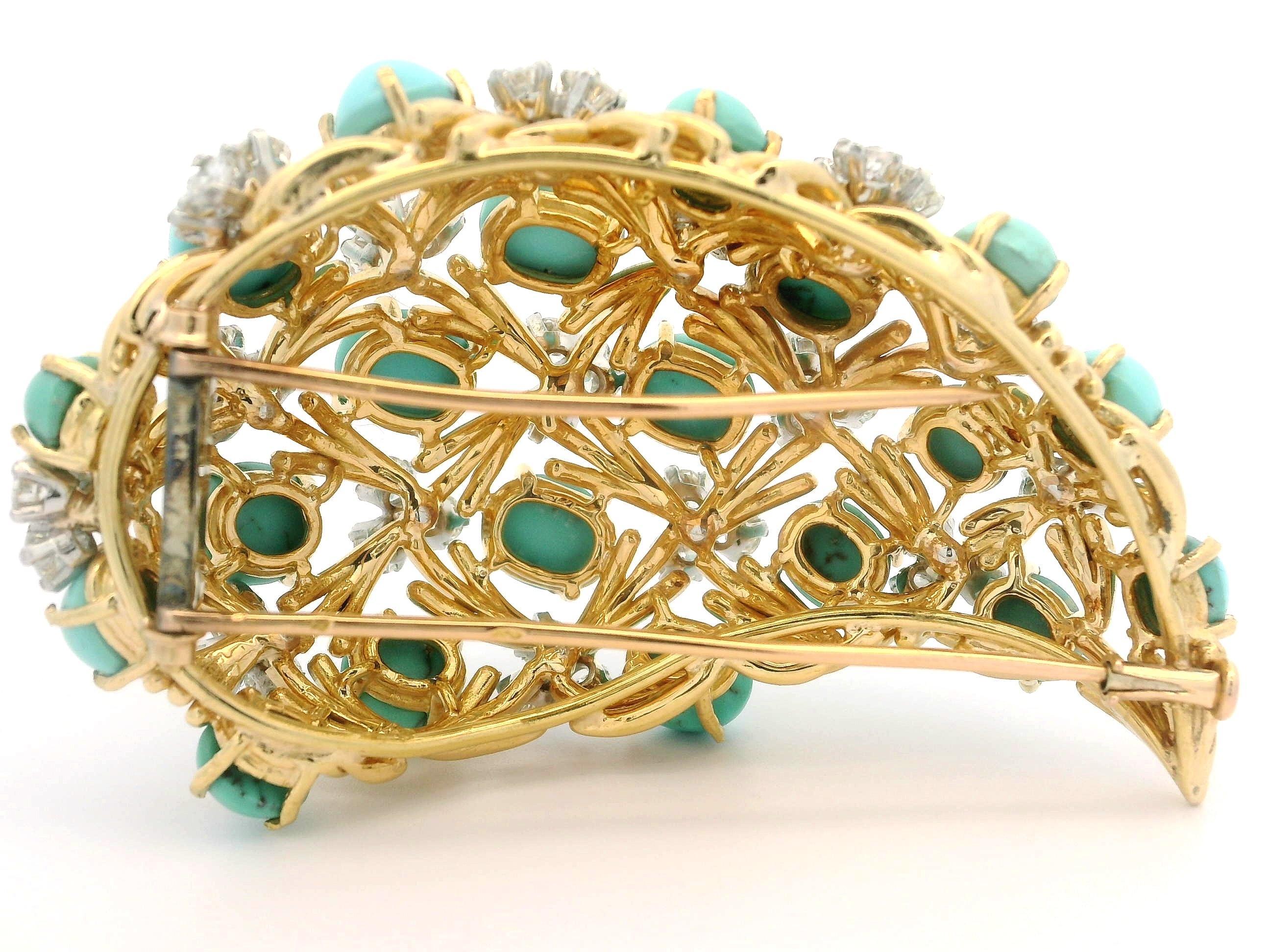 European Yellow Gold w/ Platinum Turquoise & Diamond Paisley Style Pin Brooch For Sale 2