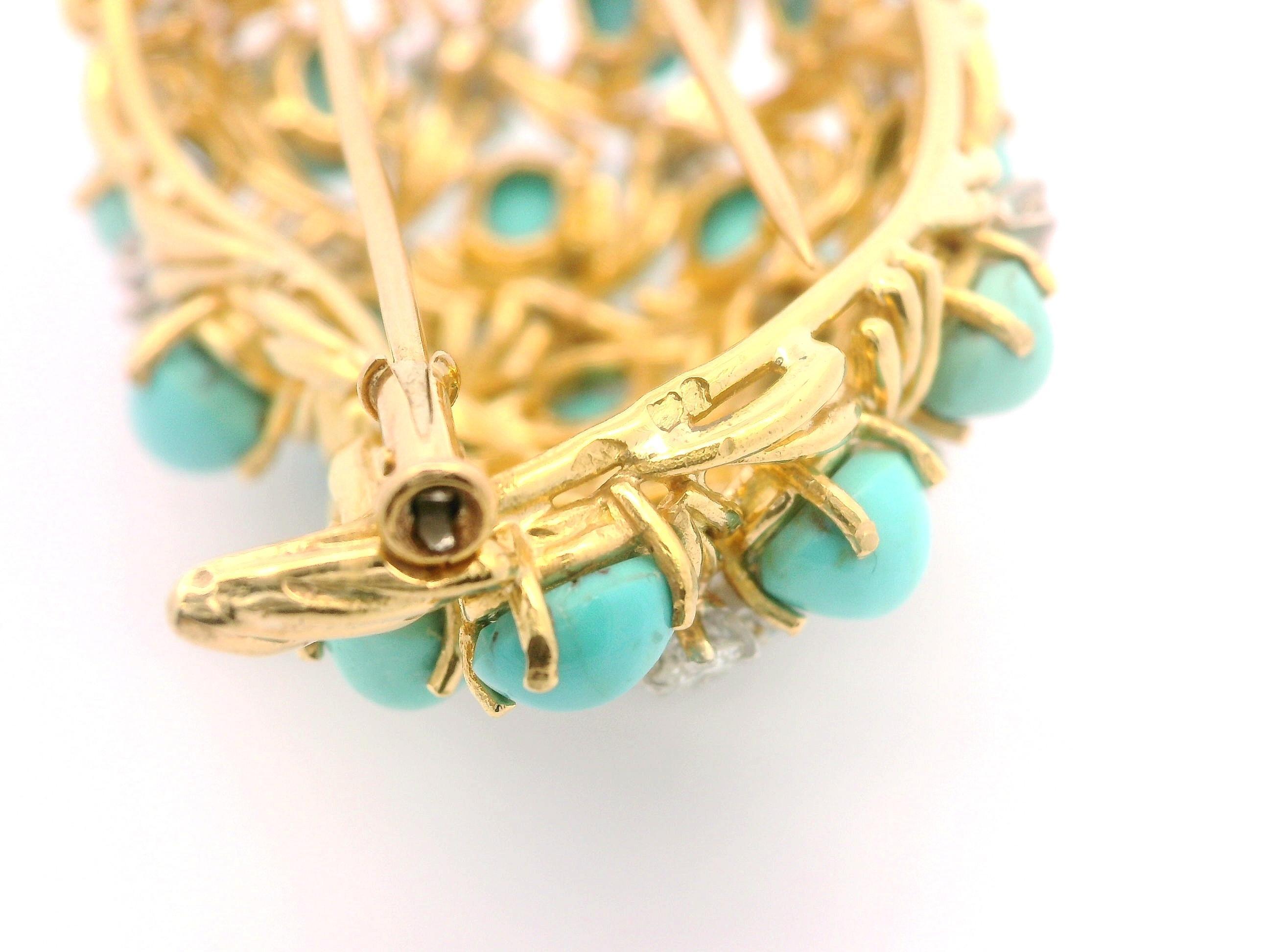 European Yellow Gold w/ Platinum Turquoise & Diamond Paisley Style Pin Brooch For Sale 3