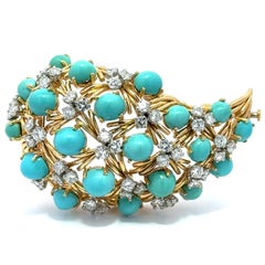 European Yellow Gold w/ Platinum Turquoise & Diamond Paisley Style Pin Brooch
