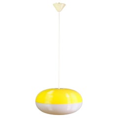 European Yellow & White Ribbed Acrylic Pendant Light w/ Long Hanging White Cord