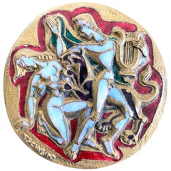 "Euridice e Orfeo", Rondello in bronzo smaltato di metà secolo con nudi, Francia