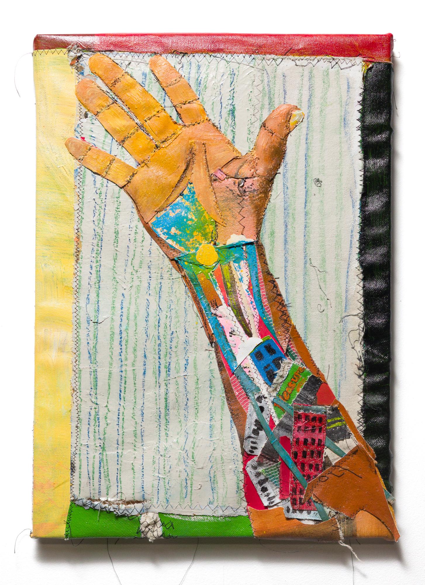 "DNA, The Dissection (Version 6)", Sewn Mixed Media, Anatomy Motif, Hands, colla - Painting by Eustace Mamba