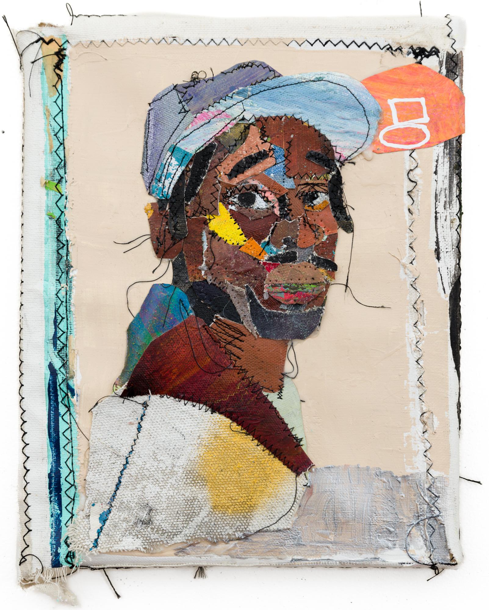 Eustace Mamba Portrait Painting - "Erlin", Sewn Painted Canvas Portrait with Man and Basketball Net