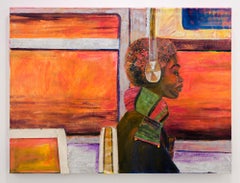 "Expresszug", einsame Frauenfigur in einem öffentlichen Verkehrsmittel in Textilcollage