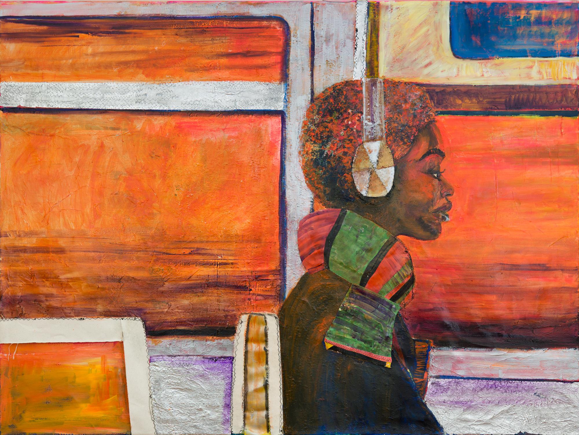 "Express Train", Solitary Woman Figure on Public Transport in Textile Collage