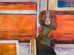 "Express Train", Solitary Woman Figure on Public Transport in Textile Collage