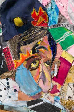 "Ciclo di vita", tecnica mista cucita, ritratto umano, tessuti, paesaggio urbano, cubista