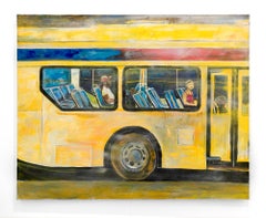 "Autobus notturno", rappresentazione di un autobus pubblico in carta cucita con olio su tela