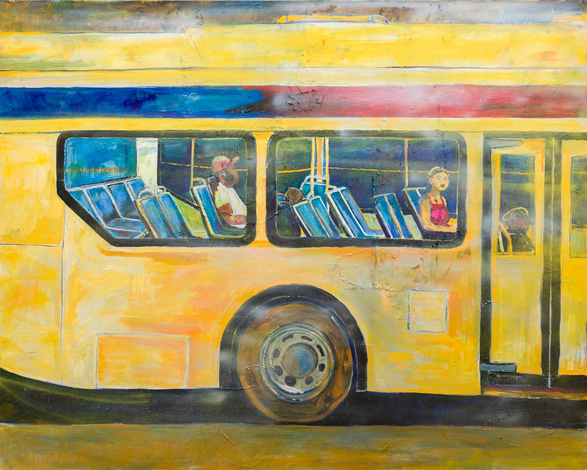 "Autobús Nocturno", Representación de Autobús Público en Papel Cosido con Óleo sobre Lienzo