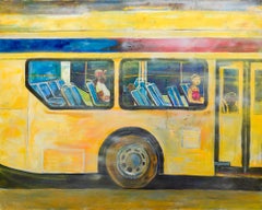 "Autobús Nocturno", Representación de Autobús Público en Papel Cosido con Óleo sobre Lienzo