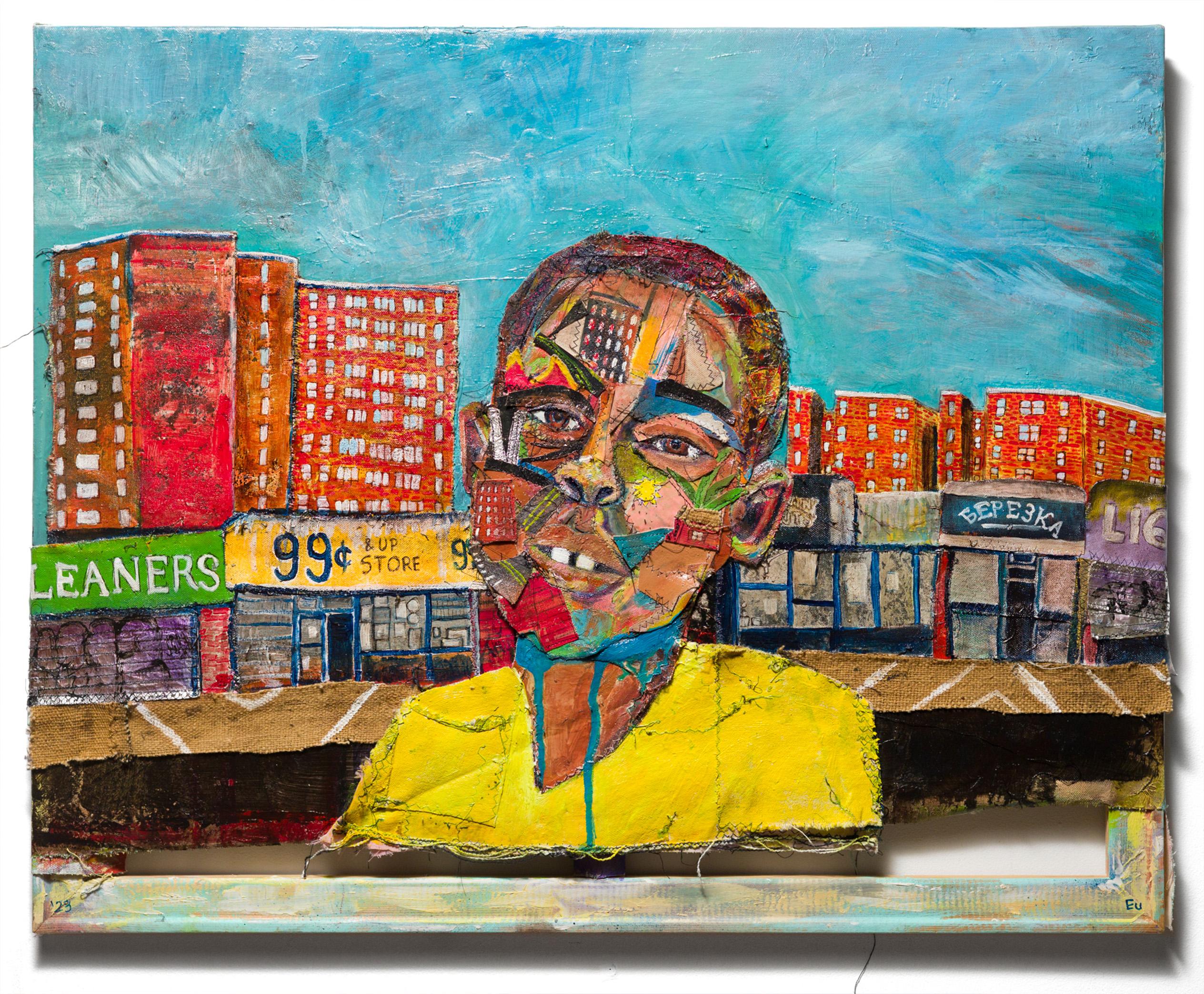 « Oceans Apart », technique mixte, figure d'enfant, portrait, textiles, motif urbain - Painting de Eustace Mamba
