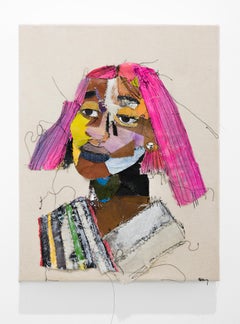 "Lady Pink", portrait d'une femme noire dans un collage textile cousu.