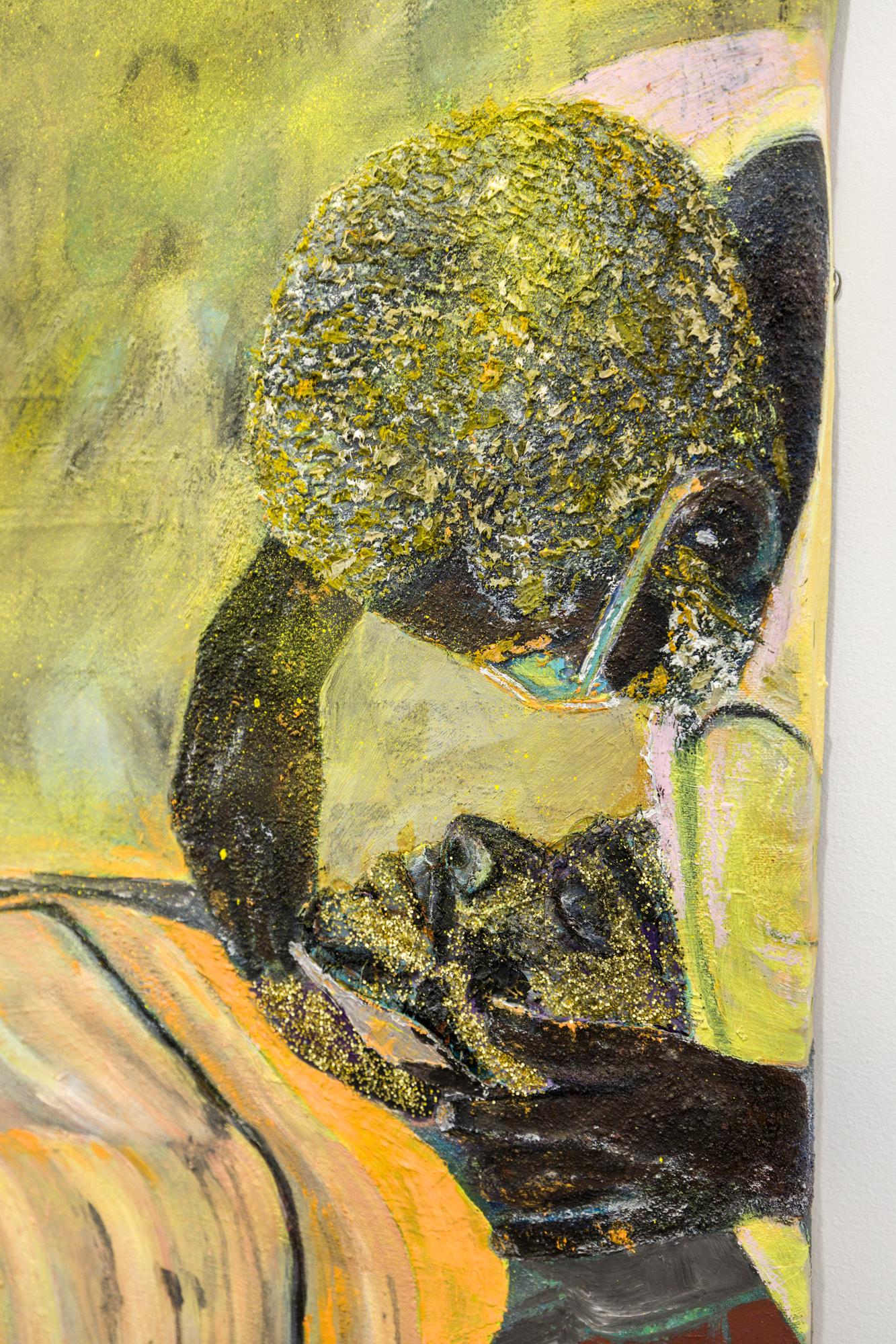 « Shape Up (diptyque), intérieur d'un barbier en toile taillée et peinture à l'huile - Marron Figurative Painting par Eustace Mamba