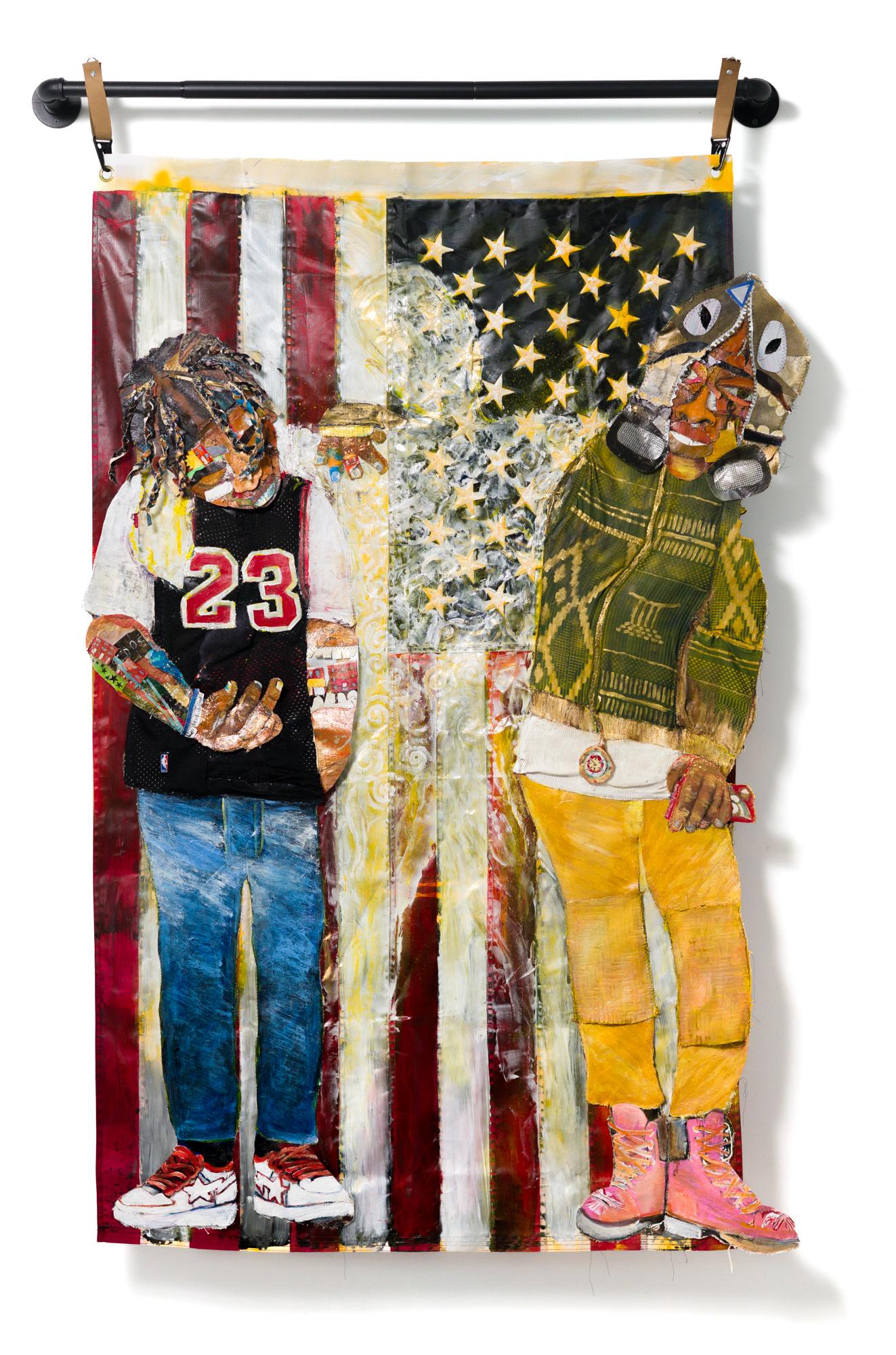 "The Pledge, American Dreamin'", Sewn Mixed Media, Flag Motif, Figurative   - Mixed Media Art by Eustace Mamba