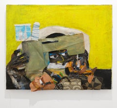 "Il sarto", figura con macchina da cucire in giallo, pittura e collage