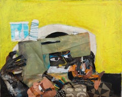 "The Tailor", Figure with Sewing Machine in Yellow, Paint, and Collage
