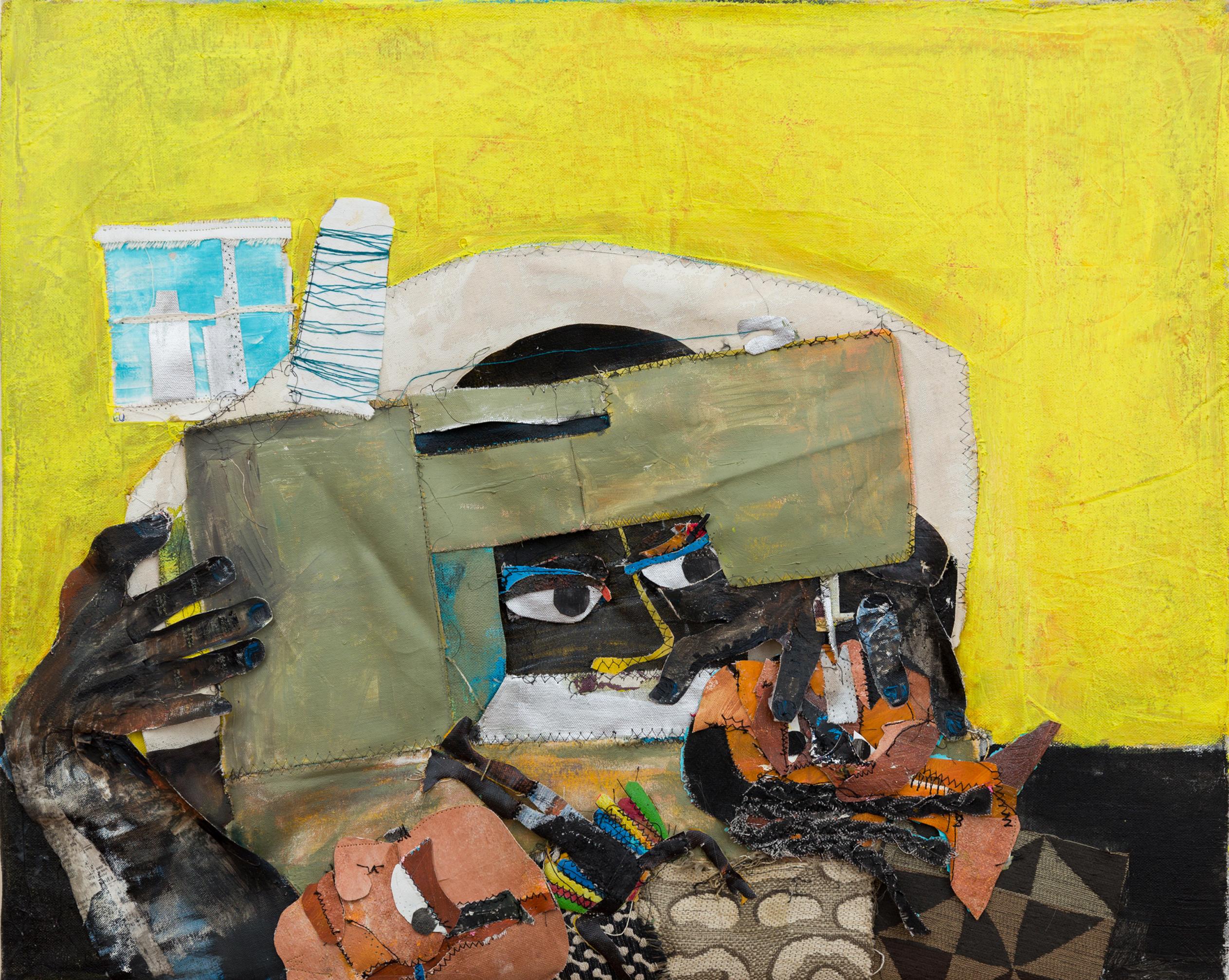 "The Tailor", Figur mit Nähmaschine in Gelb, Farbe und Collage – Mixed Media Art von Eustace Mamba