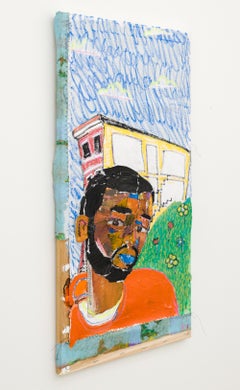 "A Resting Place", Porträt in Mischtechnik mit Blumen und Gebäude