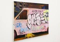 "Mehr Blumen", Stadtszene mit Blumenwagen Öl- und Mischtechnikgemälde