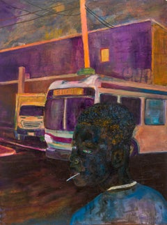 "Nightowl", dipinto a olio figurativo di una figura solitaria nella notte, paesaggio urbano