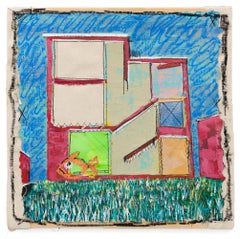 "The Fish Bowl", Gebäudefassade mit Fischen und Landschaft Mischtechnik