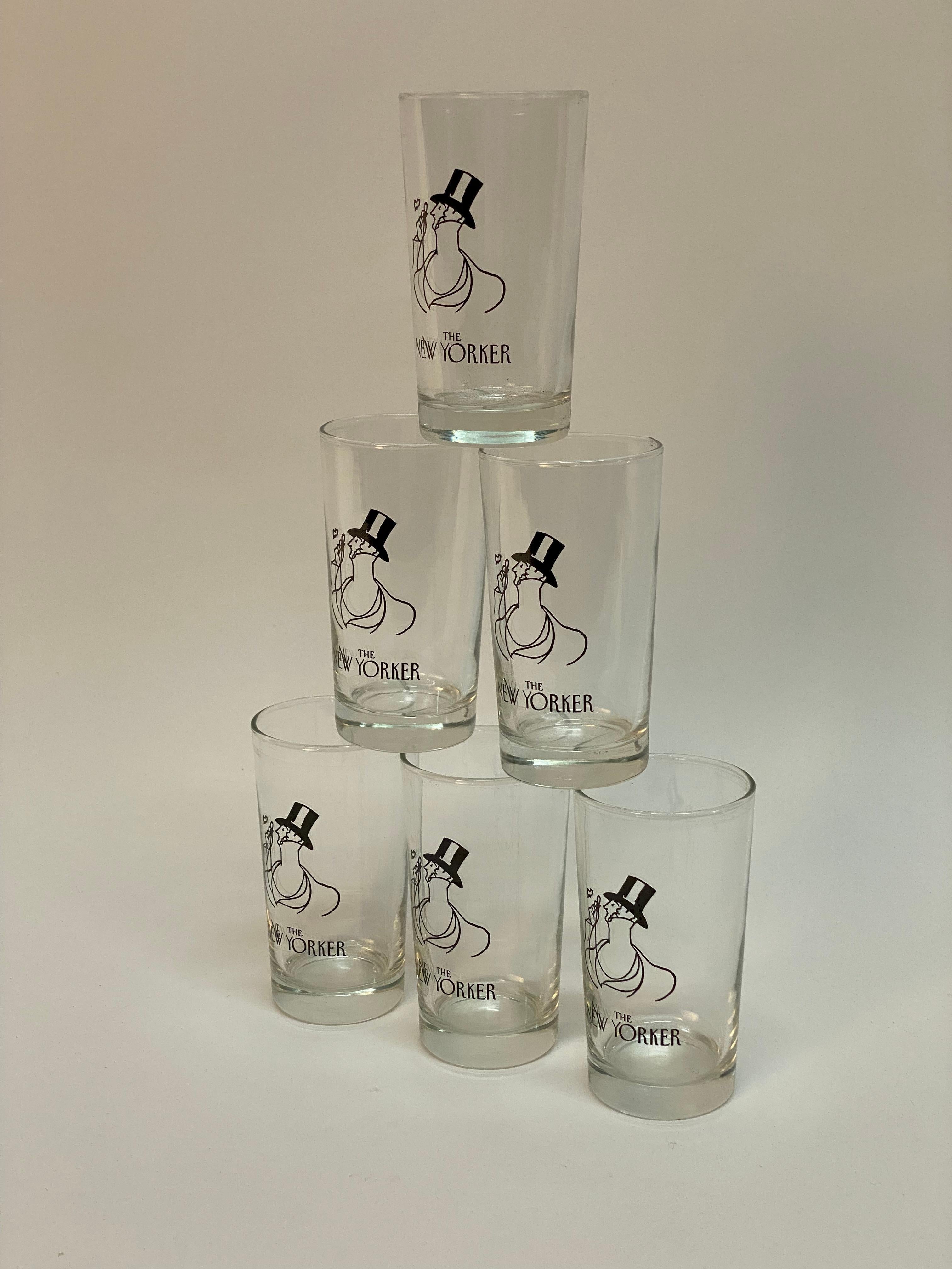 A set of six New Yorker Magazine drinking glasses. Purchased from a gentleman whose mother worked for The New Yorker in the 1970s-80s. Classic aristocrat mascot, Eustace Tilley, black silkscreen design on each glass. Decorated on one side. Good