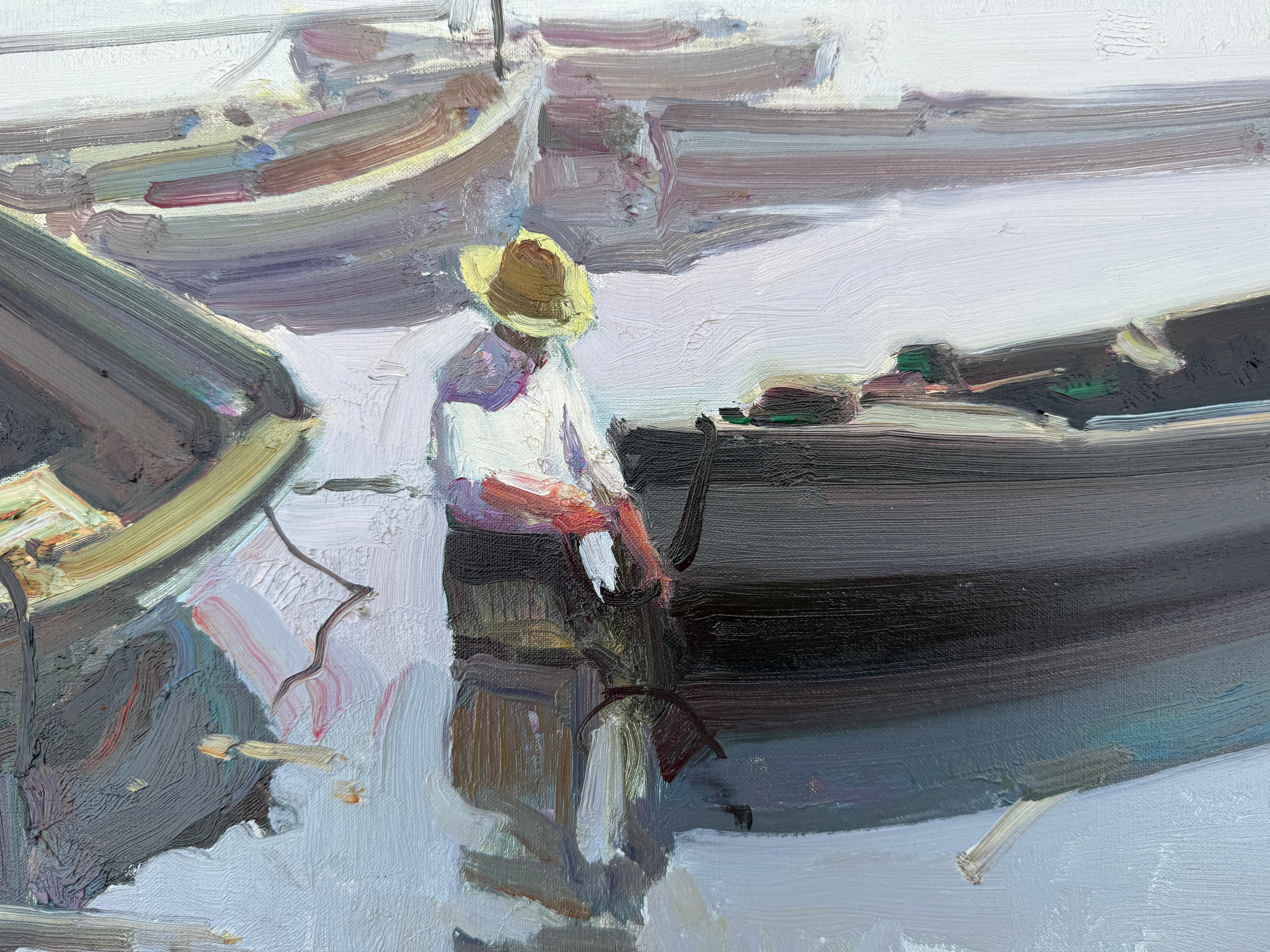 Pescatore a San Carlos de la Rápita olio su tela pittura spagnola paesaggio marino - Painting Impressionismo di Eustaquio Segrelles 