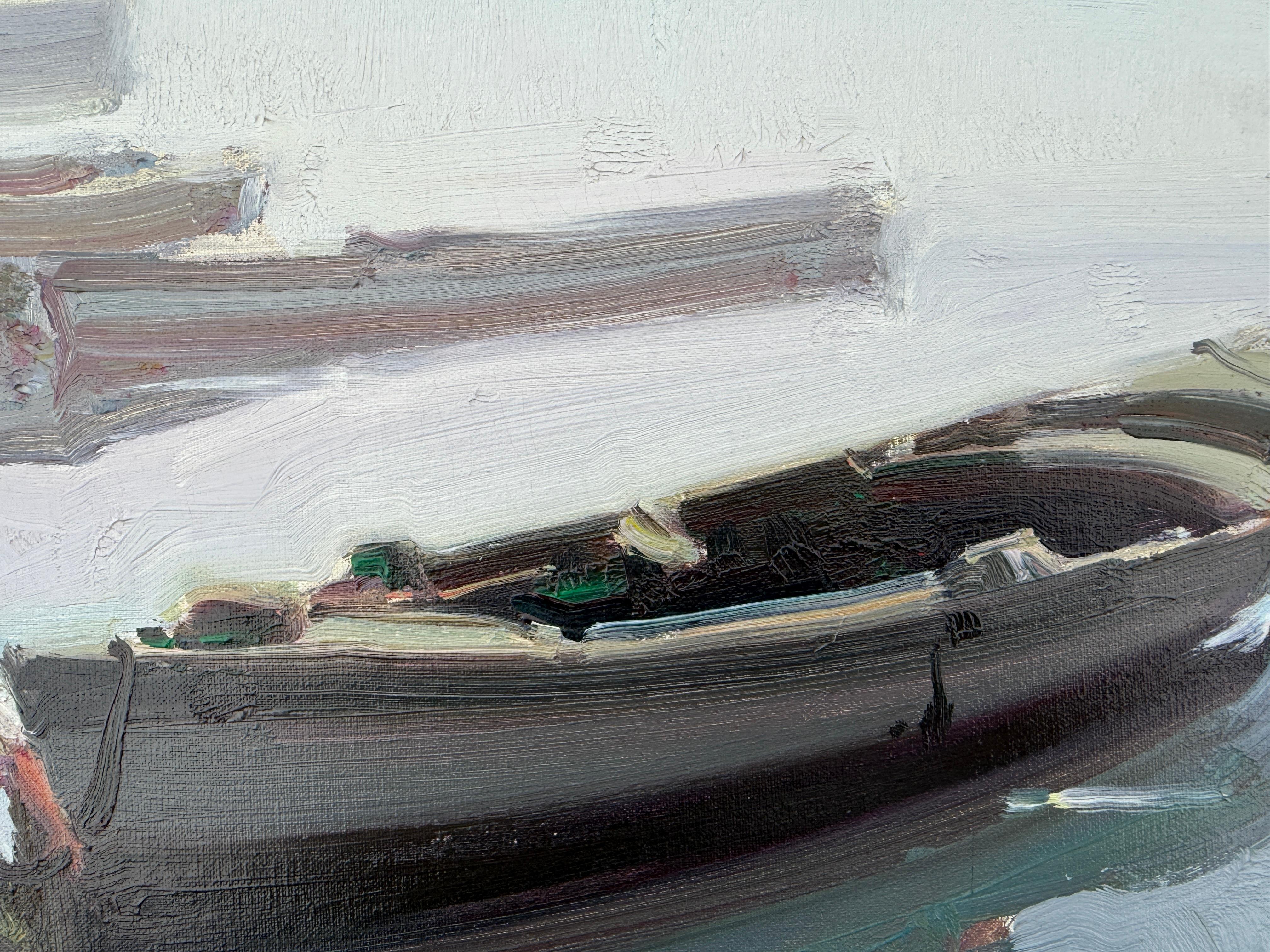 Pescatore a San Carlos de la Rápita olio su tela pittura spagnola paesaggio marino - Figurative Painting Grigio di Eustaquio Segrelles 