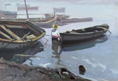 Pescatore a San Carlos de la Rápita olio su tela pittura spagnola paesaggio marino
