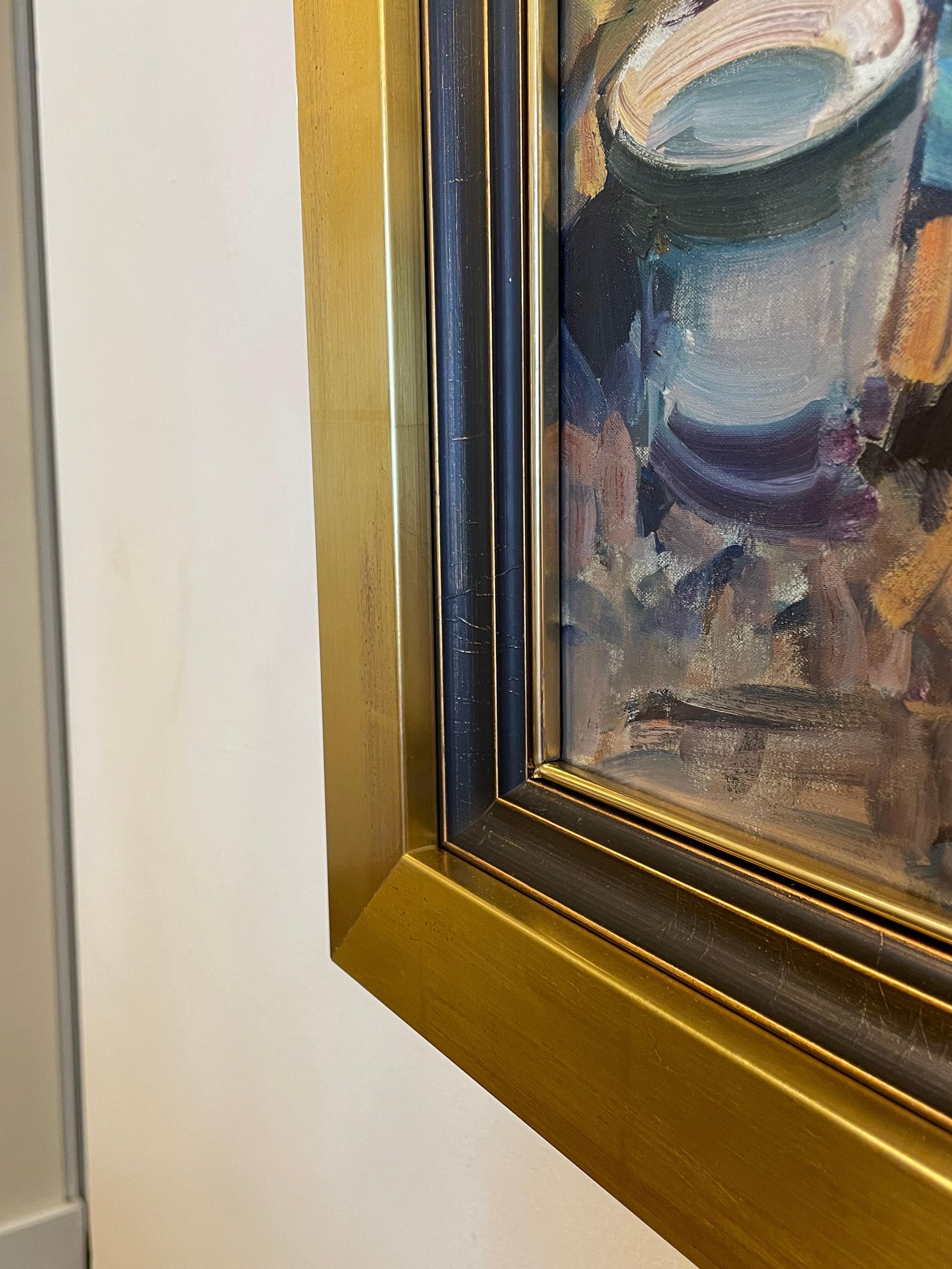 The original piece by the Spanish artist, Eustaquio Segrelles, is made from oil painting on canvas and his broad strokes bring life to the Mediterranean culture. The artwork comes with a golden frame and has a signature placed on the bottom right of