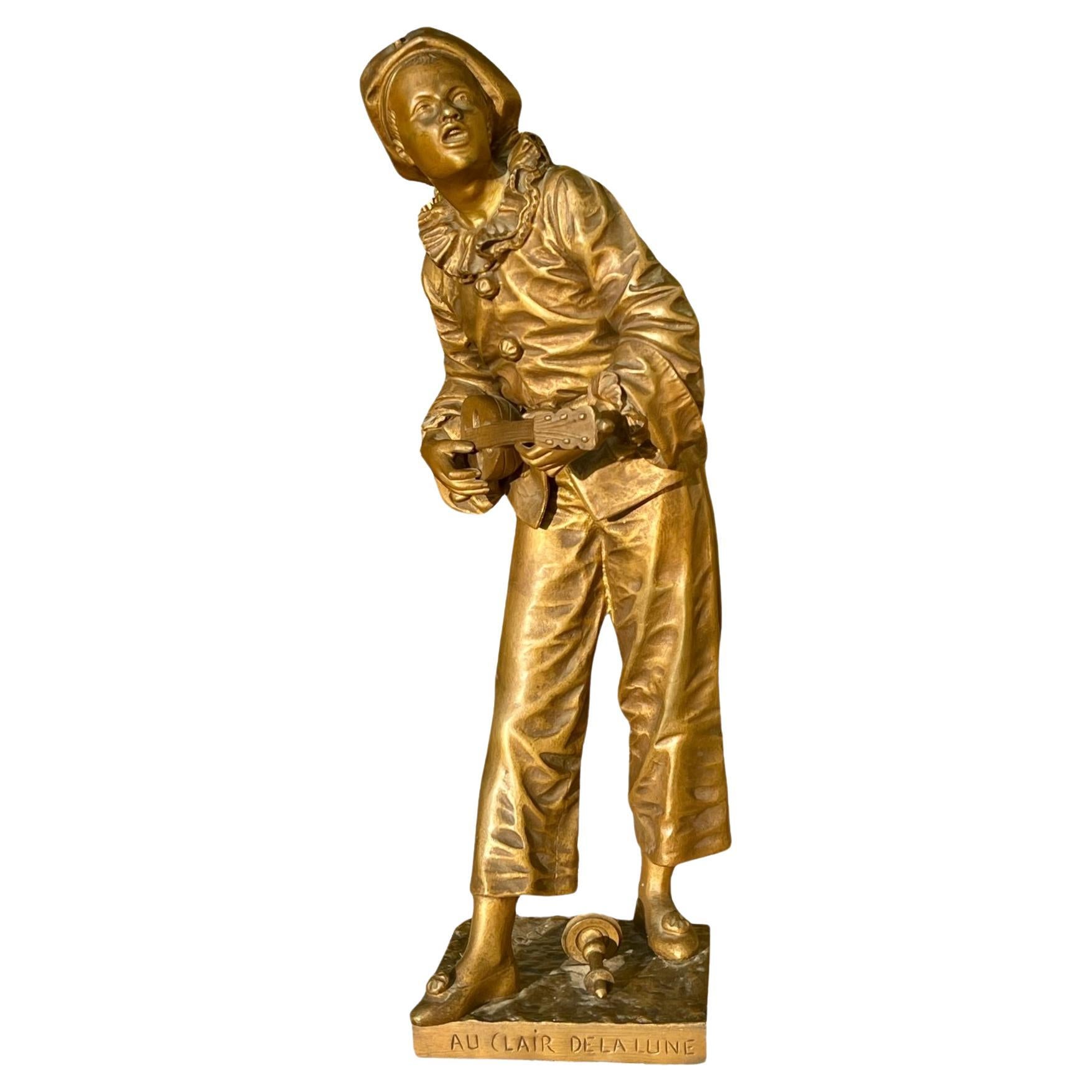 Eutrope BOURET (1833-1906) - Bronze, Pierrot “au Clair De La Lune” For Sale