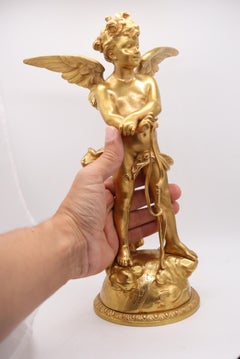 EUTROPE BOURET 1870 Napoléon III Sculpture française de Cupidon en bronze doré