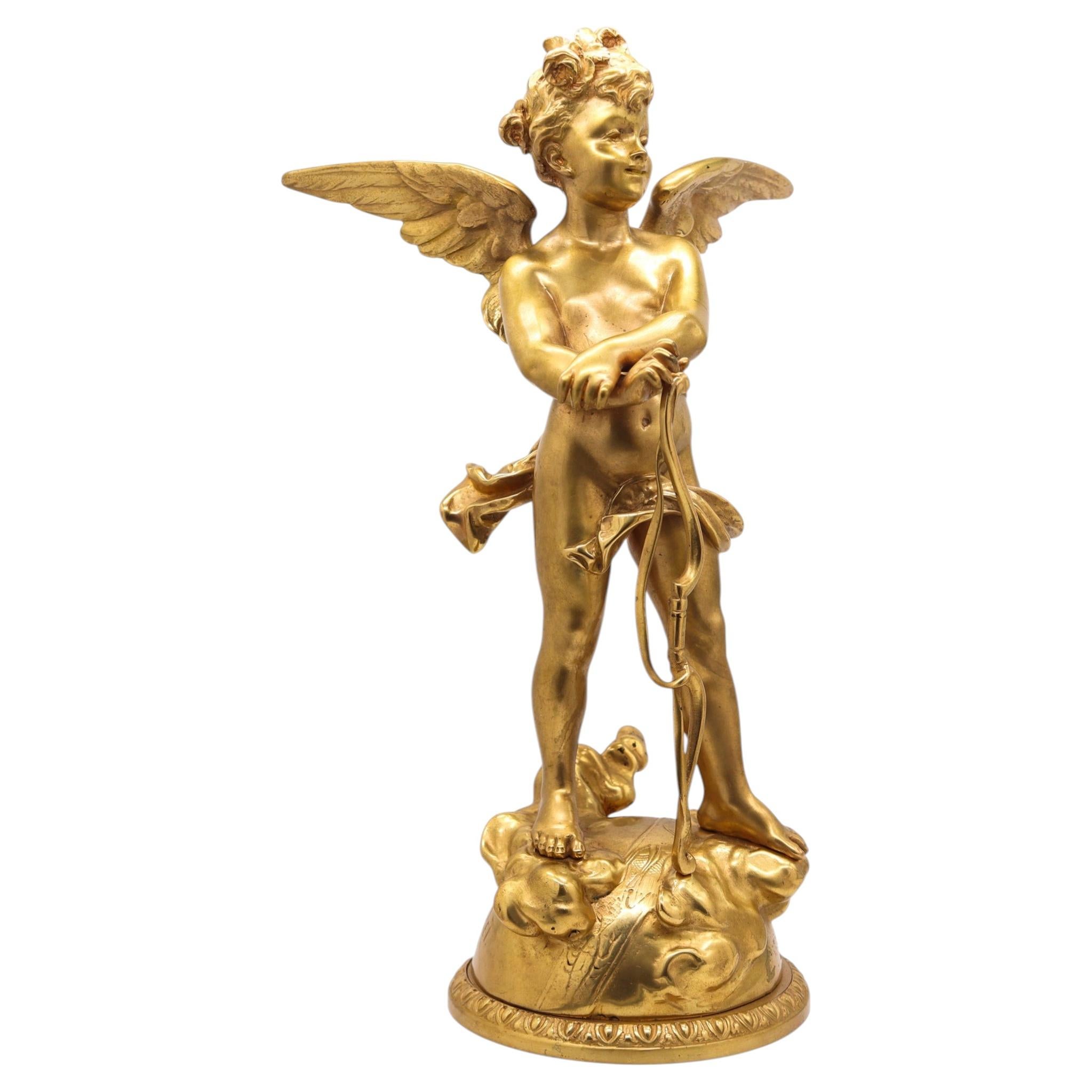 EUTROPE BOURET 1870 Napoleon III French Sculpture of Cupid In Gilded Bronze