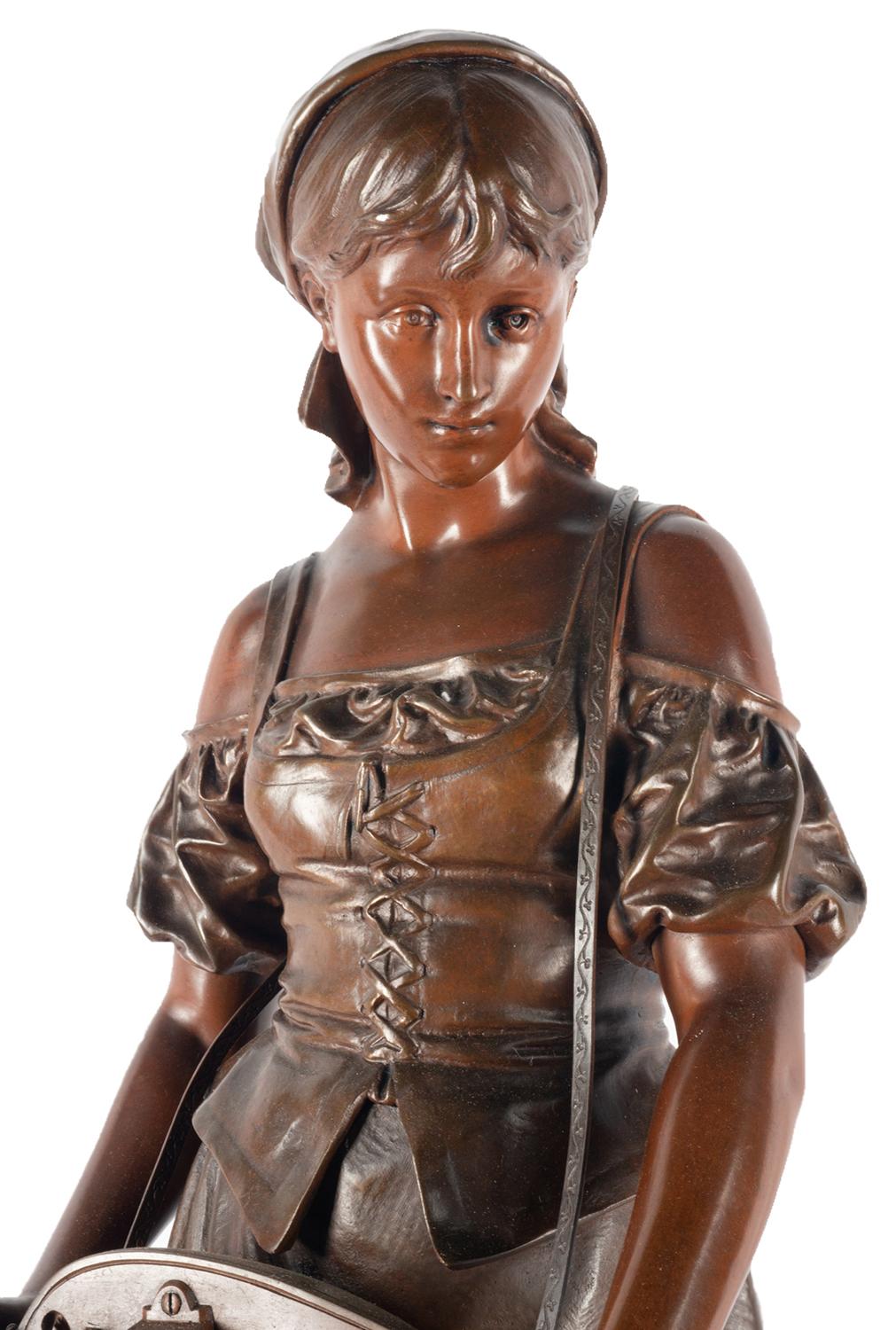 A very good quality 19th century patinated bronze statue of a gypsy girl 'Tuning the Mandolin'
Signed; Bouret.
Eutrope Bouret (16 April 1833 in Paris – 1906) was a 19th century French sculptor.
Eutrope Bouret was a student of Louis Buhot. He