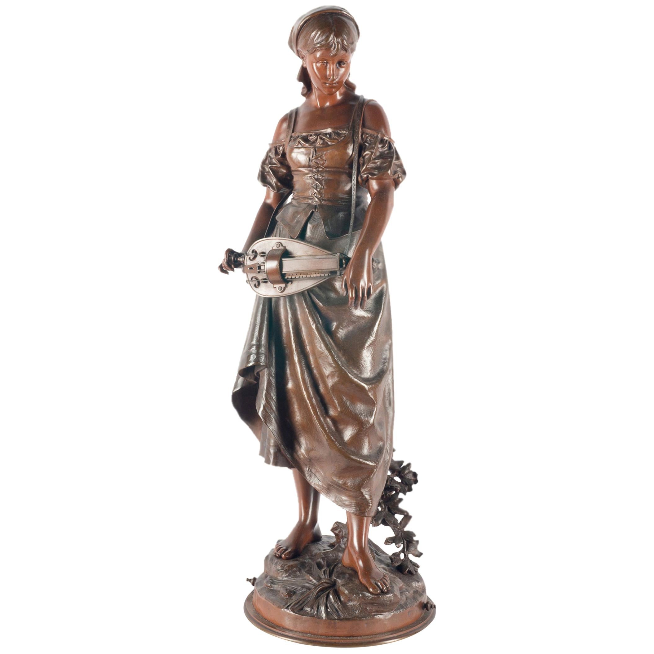 Statue en bronze d'Eutrope Bouret d'une fille musicienne gitanne
