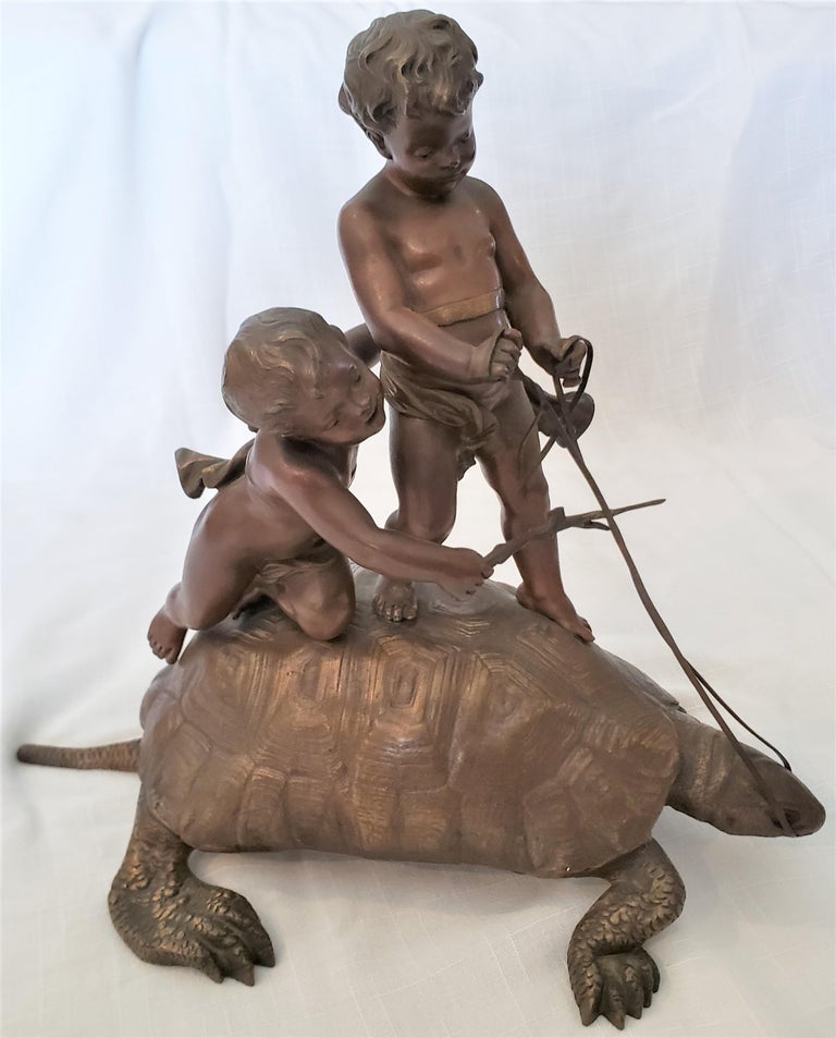 Empire Eutrope Bouret Signed Antique French Bronze Sculpture of Boys Riding a Tortoise For Sale