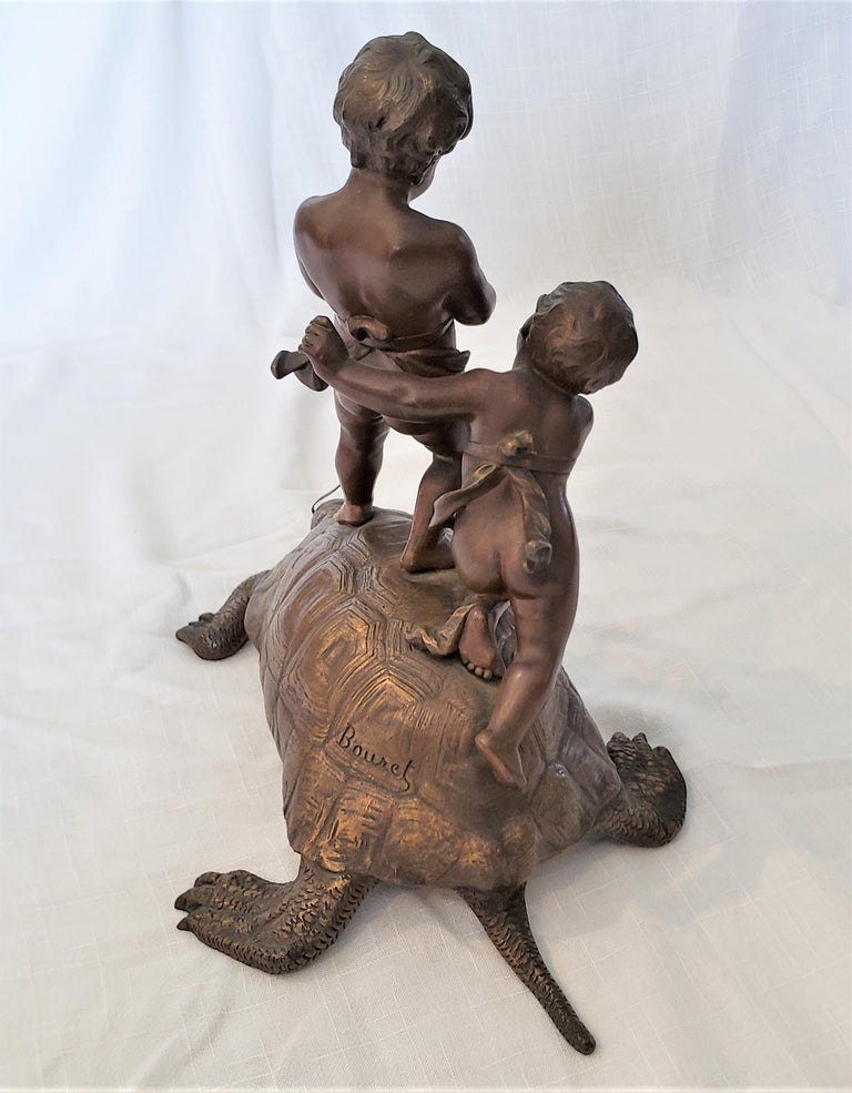 Cast Eutrope Bouret Signed Antique French Bronze Sculpture of Boys Riding a Tortoise For Sale