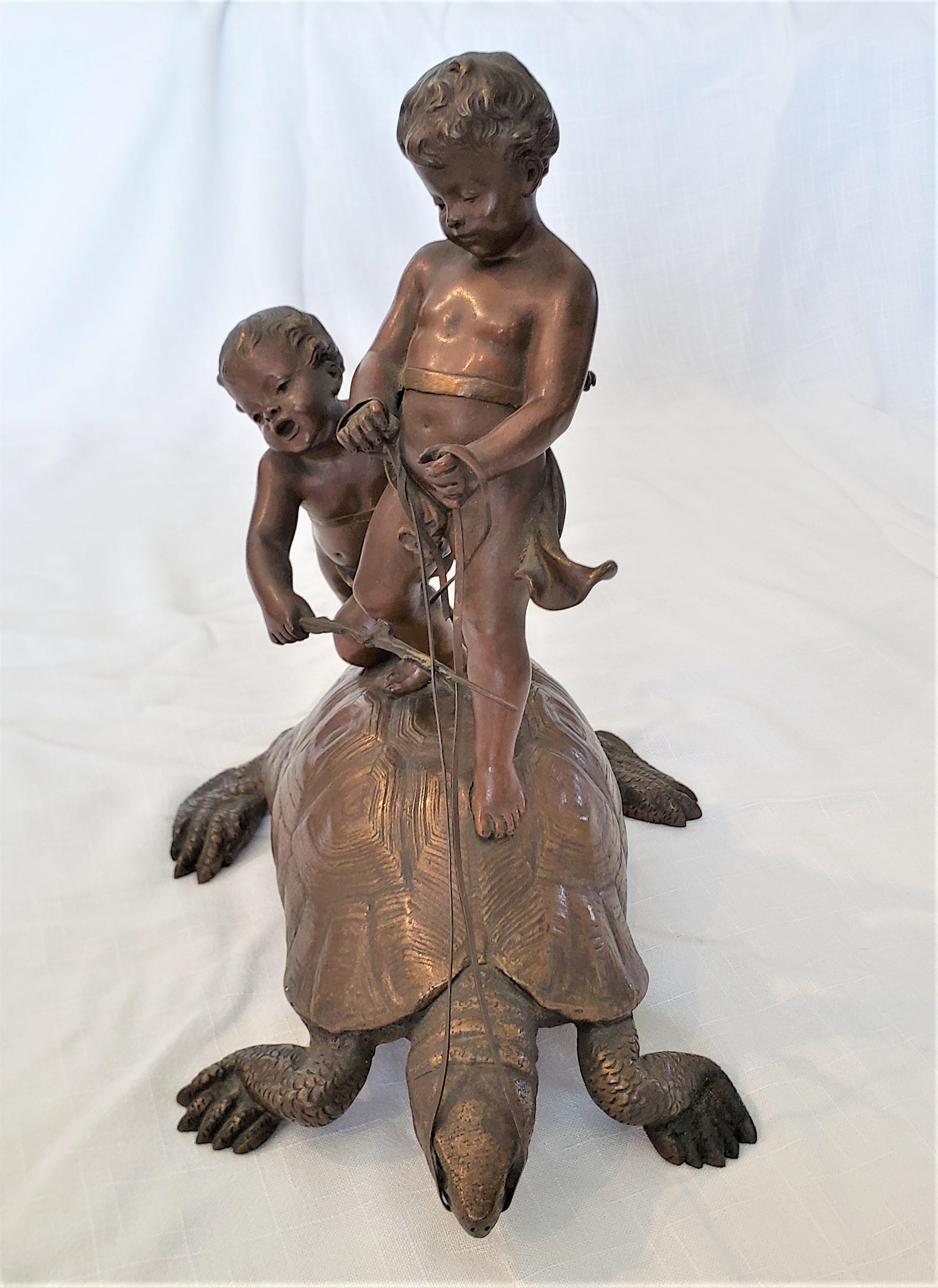 Empire Eutrope Bouret Signed Antique French Bronze Sculpture of Boys Riding a Tortoise For Sale