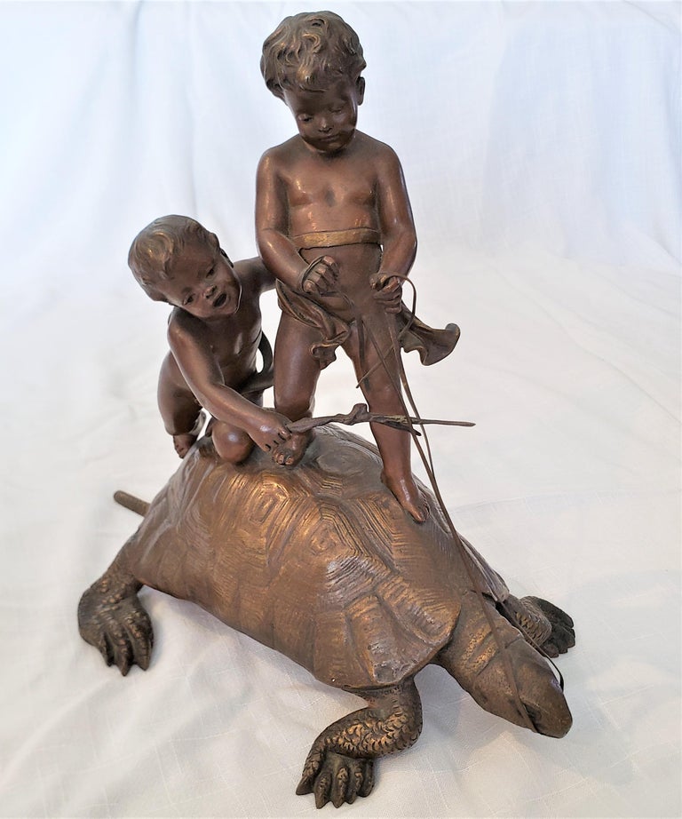Eutrope Bouret Signed Antique French Bronze Sculpture of Boys Riding a Tortoise For Sale 1