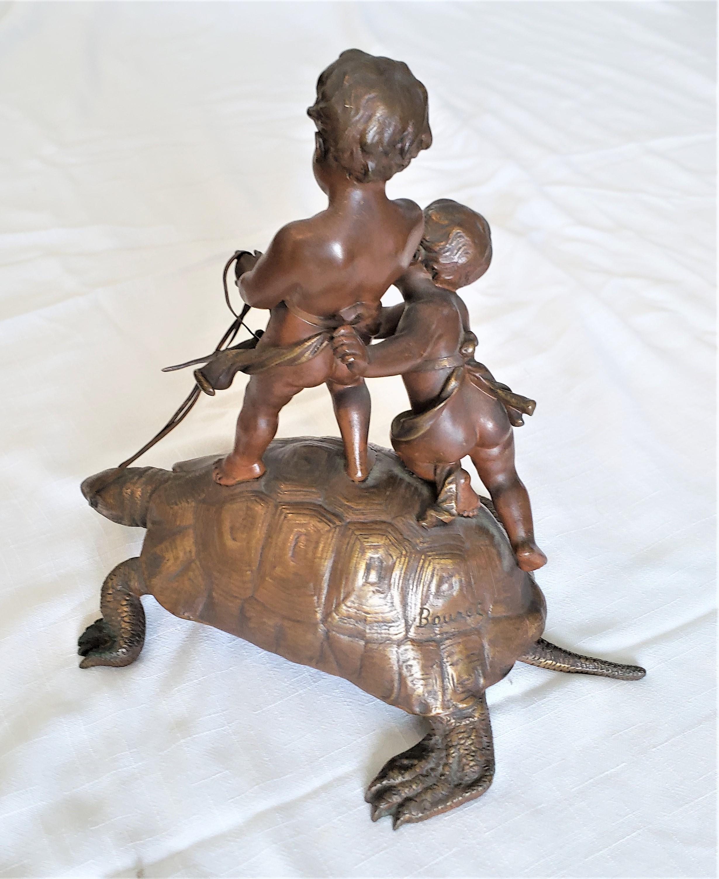 Moulage Sculpture française ancienne en bronze signée Eutrope Bouret représentant des garçons chevauchant une tortue en vente