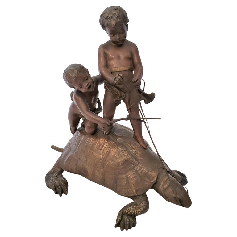 Eutrope Bouret Signed Antique French Bronze Sculpture of Boys Riding a Tortoise For Sale