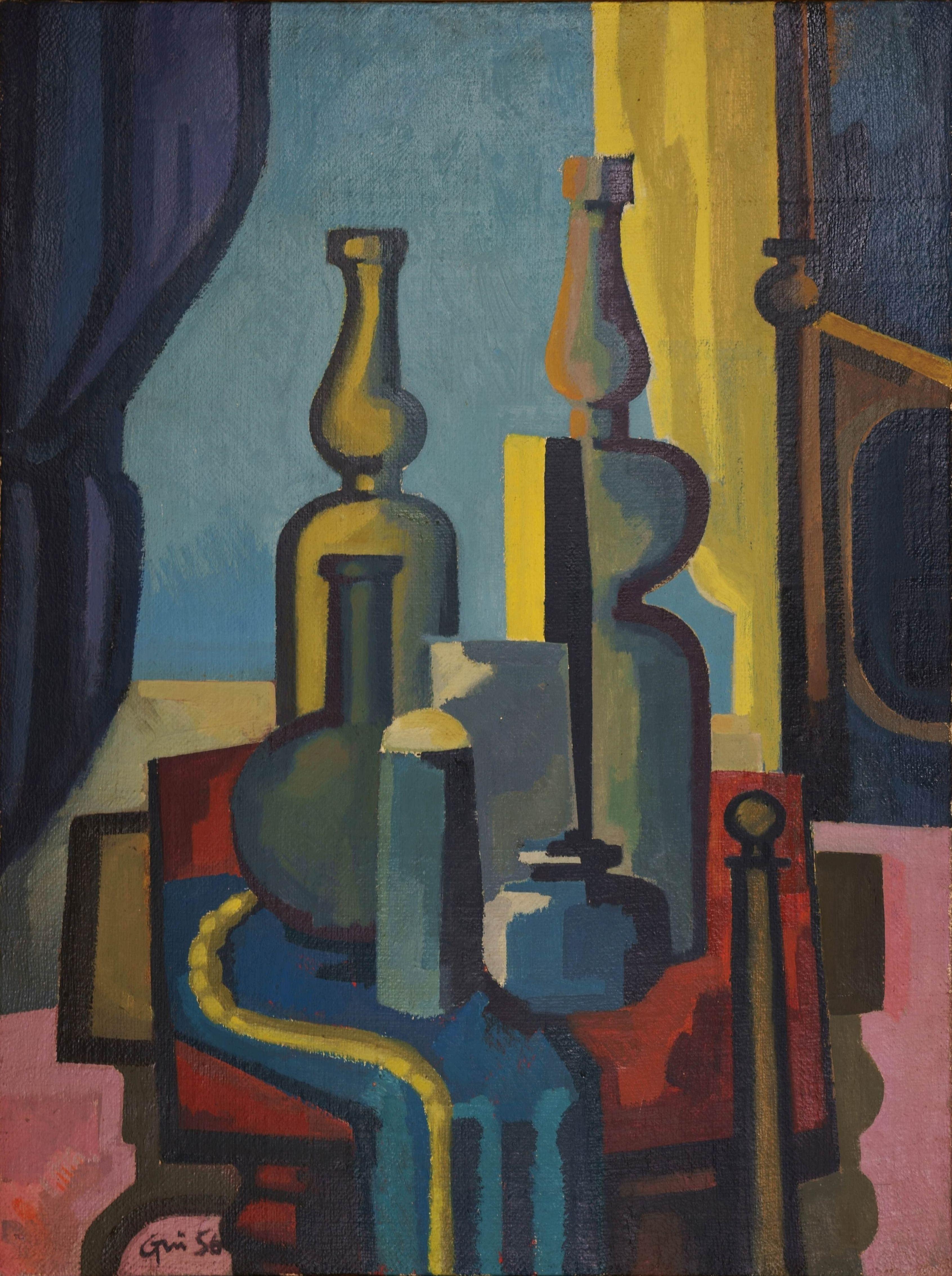 Ev Grüger Figurative Painting - Still Life with Bottles / - The figuration of the objects -