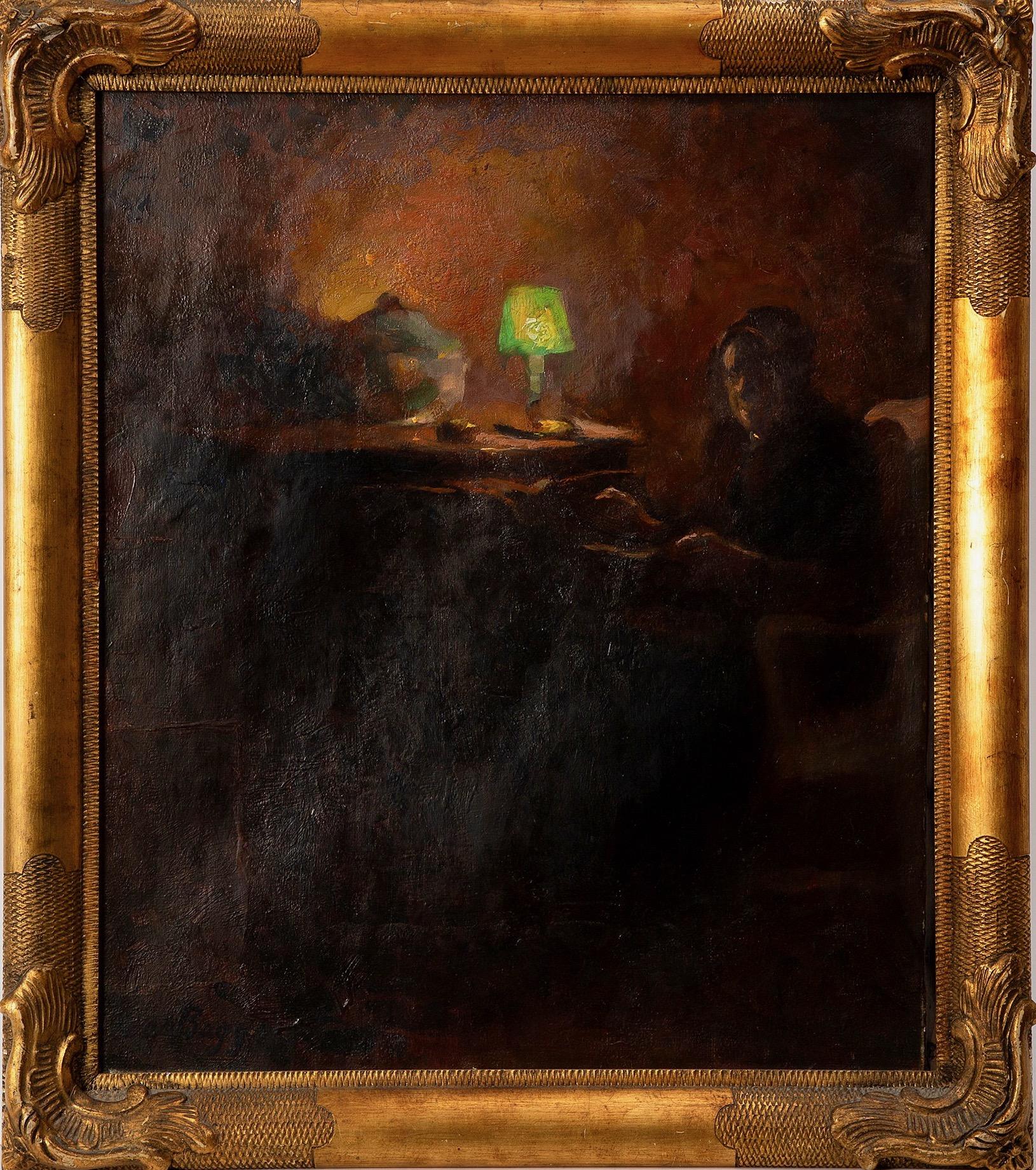 The Green Lamp, Woman Reading a Book, Oil on Canvas Interior Painting